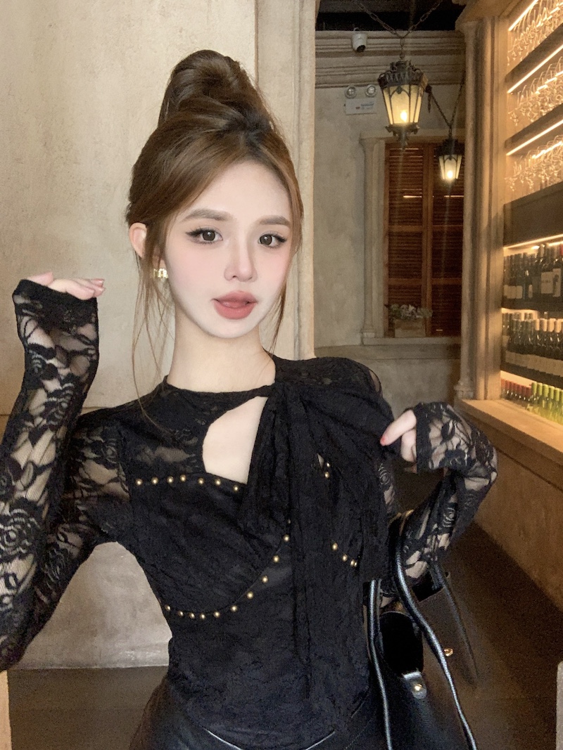 Real shot 2024 spring new style rivet lace long-sleeved top