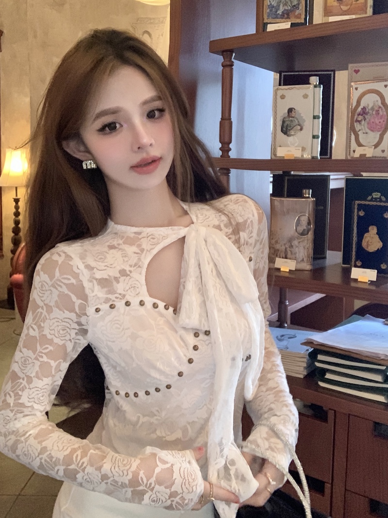 Real shot 2024 spring new style rivet lace long-sleeved top