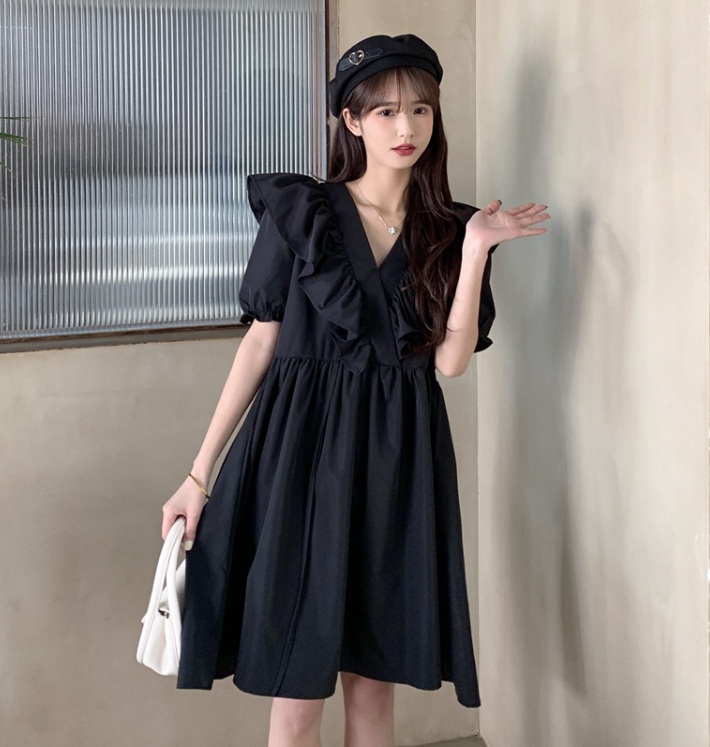 RY3656# 实拍夏装新款韩版大码女装收腰V领泡泡袖小众连衣裙 M-4XL200斤