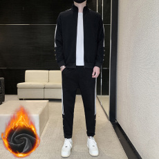 批发新款休闲立领开衫三条杠排扣加绒加厚运动套装男保暖新款运动服