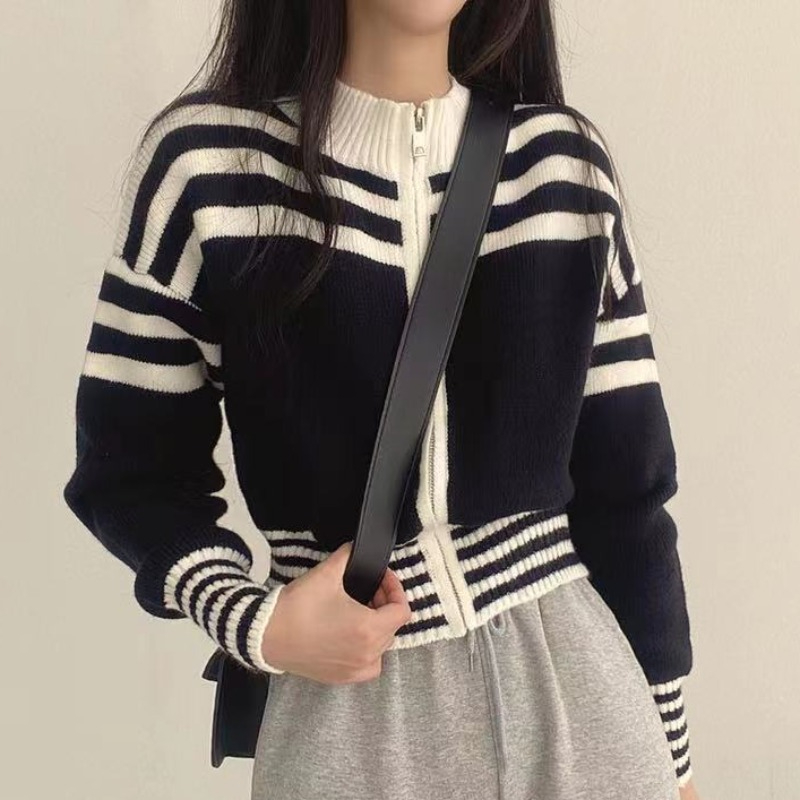 한국 chic 가을 프랑스식 레트로 지퍼 스탠드 칼라 허리 수축 쇼트 스타일 스트라이프 니트 스웨터