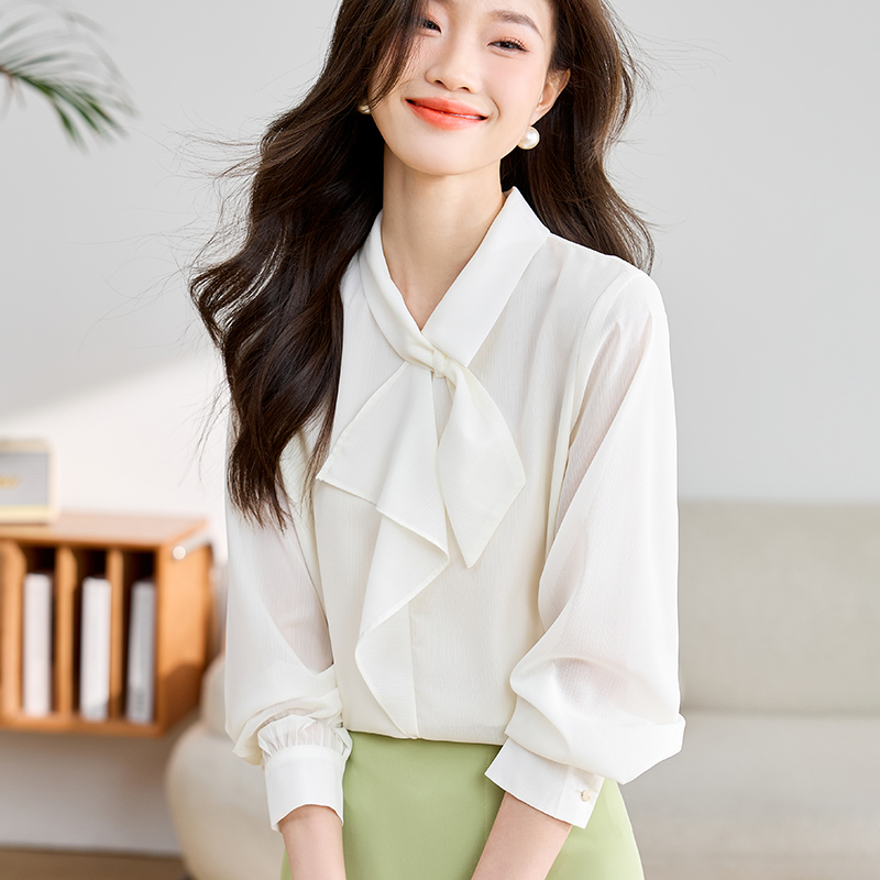 원본 원단 벨트 안감 2026 봄 가을 나비 매듭 긴팔 여성 셔츠 고급 센스 작은 대중 품격 리본 맨위