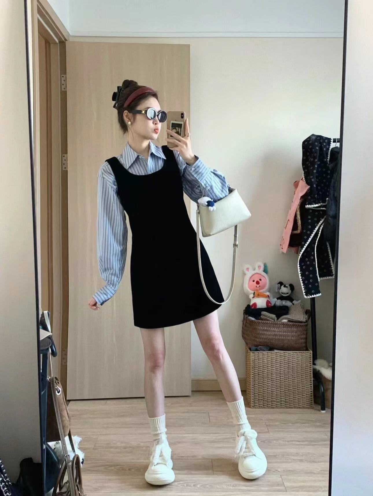 韓系藍色條紋襯衫內搭背心連衣裙女裝秋冬兩件套修身顯瘦包臀短裙