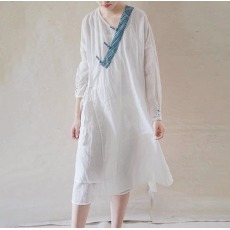 批发2026新款棉连衣裙复古盘扣中国风茶服白色民族风佛系禅意<b class='q'>女装</b>