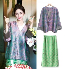 批发生日<b class='q'>杨幂</b><b class='q'>同款</b>紫色衬衫女宽松慵懒风新中式国风提花印花高级感<b class='q'>套装</b>