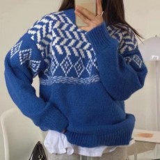 批发<b class='q'>韩国</b>慵懒蓝色圣诞毛衣女宽松加厚套头针织衫外穿<b class='q'>上衣</b>