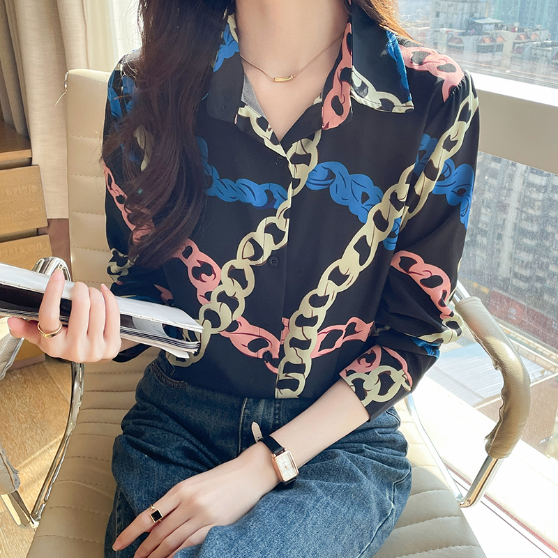 PF7839#新款韩版设计感彩色链条印花气质长袖百搭翻领衬衫女裝貨源服裝批發