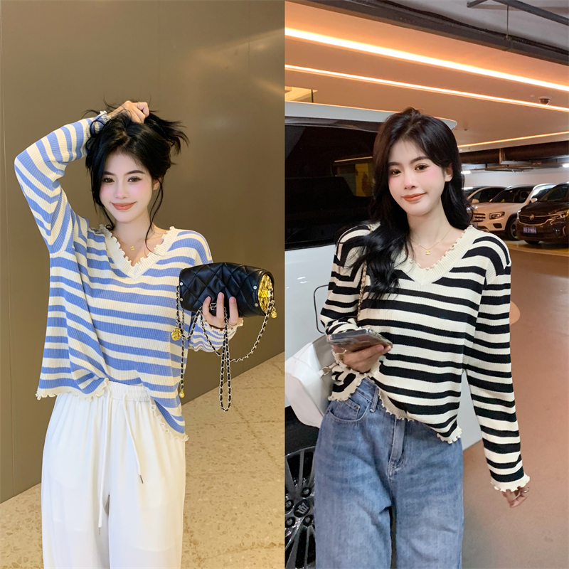 PF29743#大码胖妹妹条纹长袖V领针织衫微胖打底衫胖mm上衣女裝貨源服裝批發