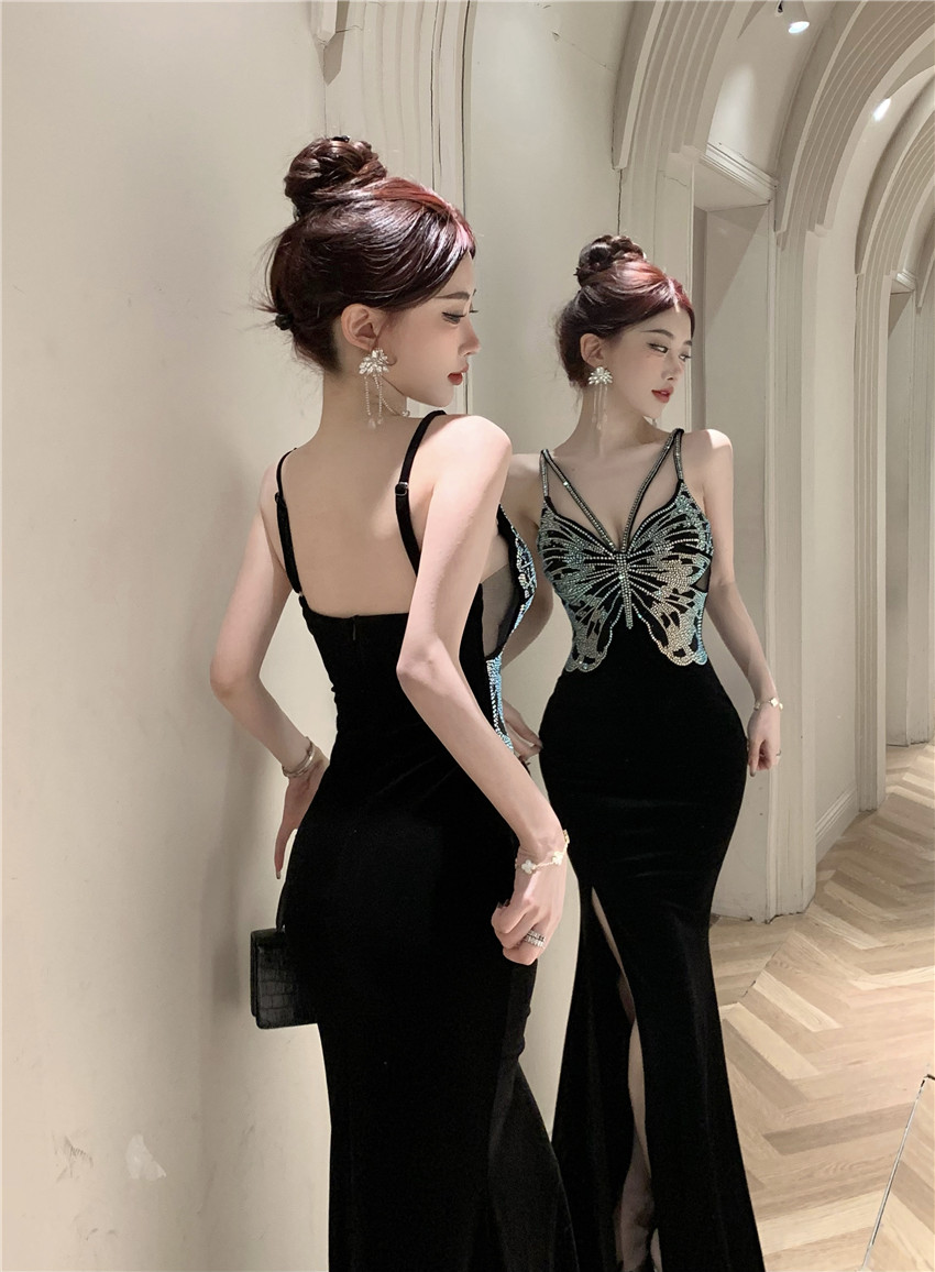 Real shot!  Suspender velvet evening dress annual meeting host birthday slit fishtail dress