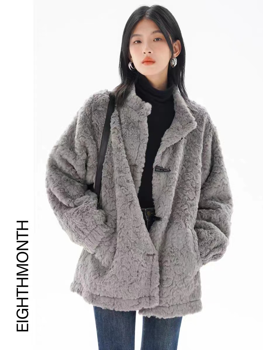 EM August Gray Lamb Wool Jacket Women's Autumn and Winter New Versatile Retro Plush Soft Waxy Top Does Not Shed