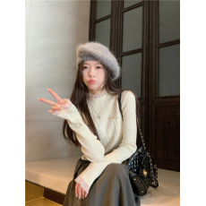 批发设计感蕾<b class='q'>丝</b>花边拼接坑条针织衫女冬季修身别致打底衫套头灰色上衣