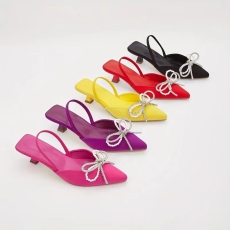 批发2024年气质通勤一字带尖头细跟凉鞋优雅蝴蝶结高跟女单鞋