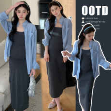 批发实拍  早秋防晒衬衣慵懒长袖衬衣+灰色吊带裙两件套<b class='q'>孕妇装</b>