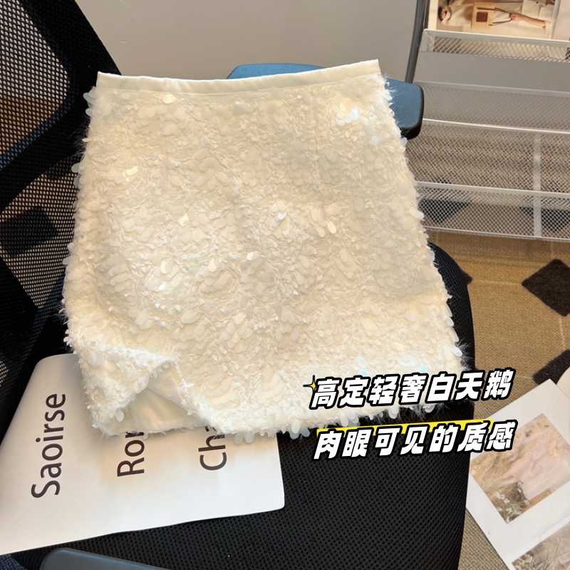 LN60985# 小香风亮片白色半身裙女秋冬设计感高腰显瘦包臀短裙 女裝批發服裝批發服飾貨源