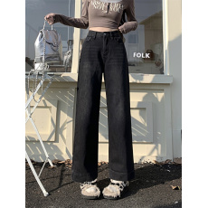 实拍复古浅蓝色阔腿牛仔裤女秋冬 小个子百搭高腰显瘦垂感九分裤