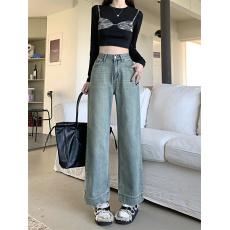 批发实拍复古浅蓝色阔腿牛仔<b class='q'>裤</b>女夏季 小个子百搭高腰显瘦垂感九分<b class='q'>裤</b>