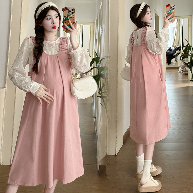 실사 2026 봄 루즈핏 라운드 넥 긴팔 셔츠 경기 멜빵 스커트 한국 스타일 투피스 세트 임산부 드레스