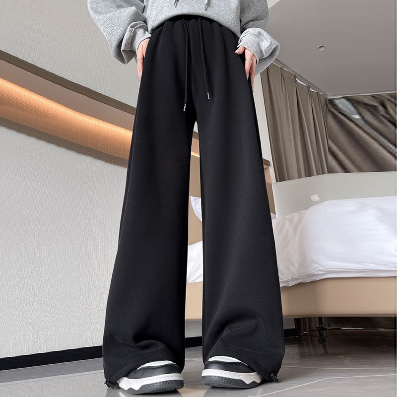 실사 봄 가을 아메리칸 빅 사이즈 여성 의류 운동 조거 둘 착용 루즈핏 캐주얼 웨이 바지 여성 작은 키 와이드 레그 팬츠