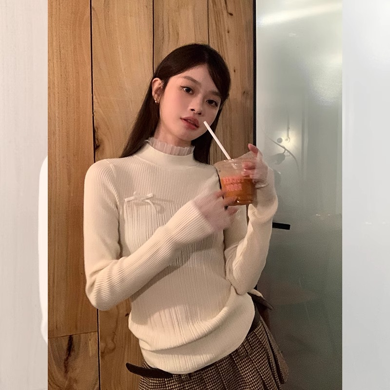 Song Zhengen velvet bow turtleneck woolen small bottoming shirt for women in autumn and winter new style with slim long-sleeved T-shirt
