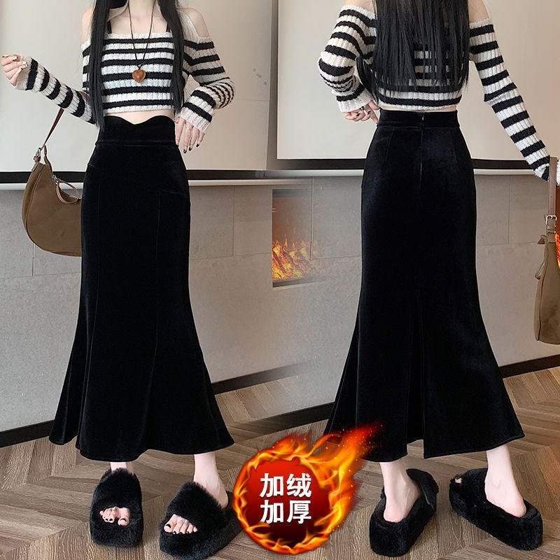 Gold velvet skirt women's autumn and winter new style velvet thickened fishtail skirt hip-covering skirt high-waisted long skirt A-line skirt