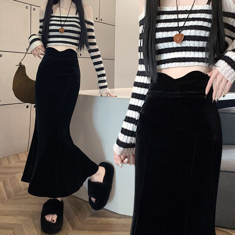 Gold velvet skirt women's autumn and winter new style velvet thickened fishtail skirt hip-covering skirt high-waisted long skirt A-line skirt