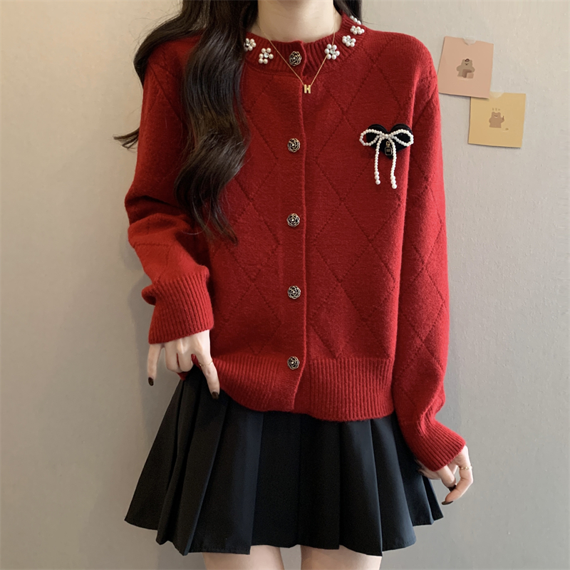 Actual shot of the new temperament small fragrant style bow knitted cardigan sweater long sleeves