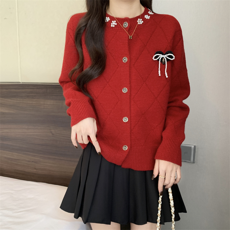 Actual shot of the new temperament small fragrant style bow knitted cardigan sweater long sleeves