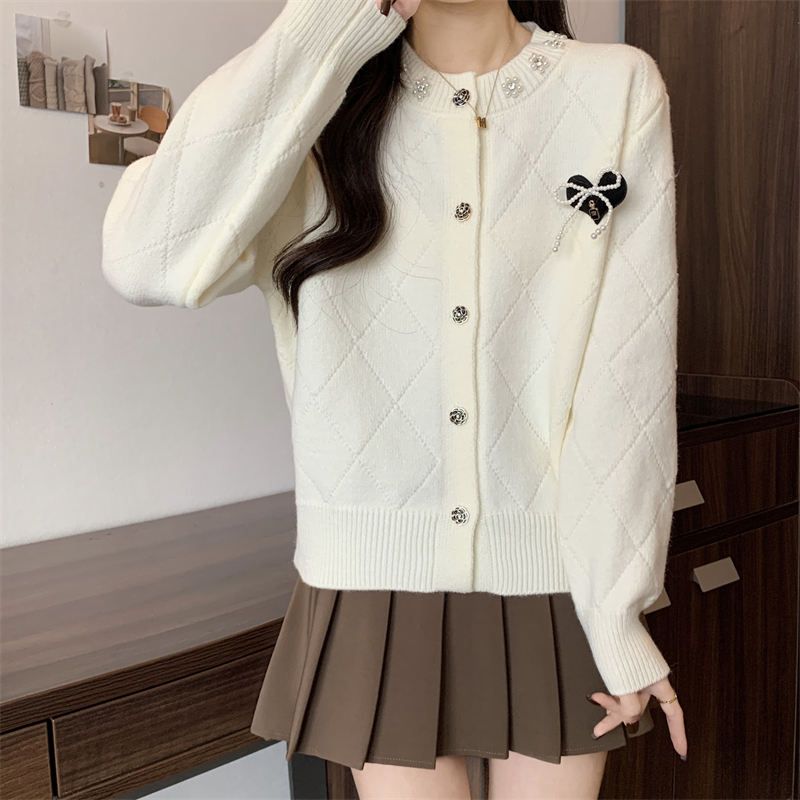 Actual shot of the new temperament small fragrant style bow knitted cardigan sweater long sleeves