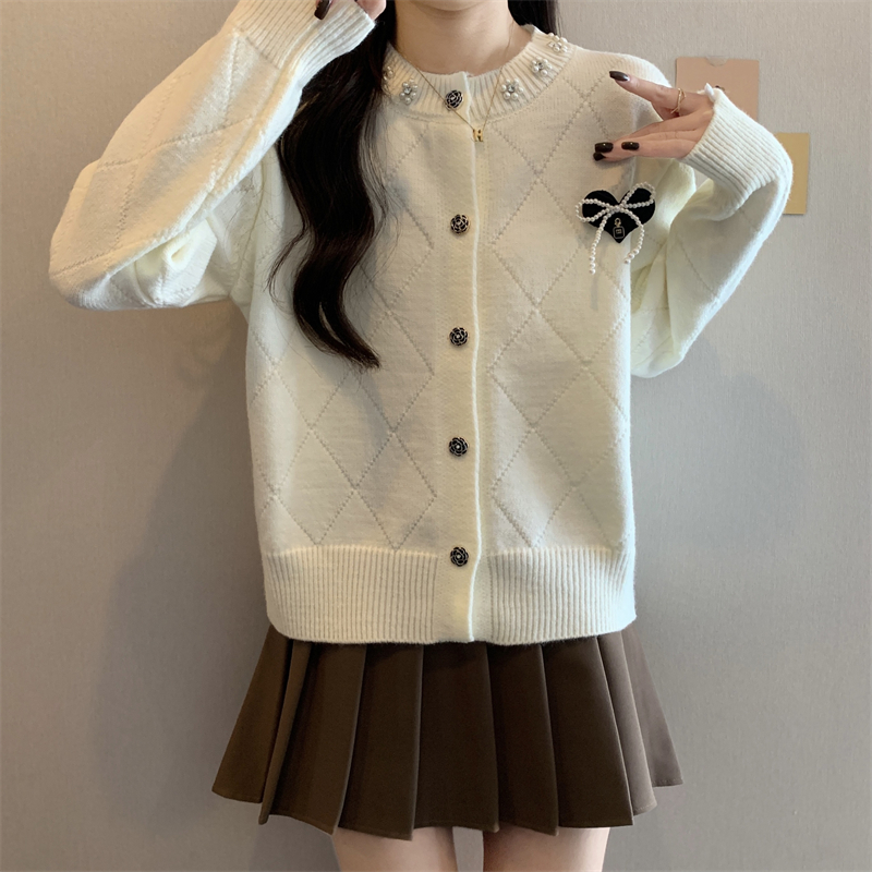 Actual shot of the new temperament small fragrant style bow knitted cardigan sweater long sleeves