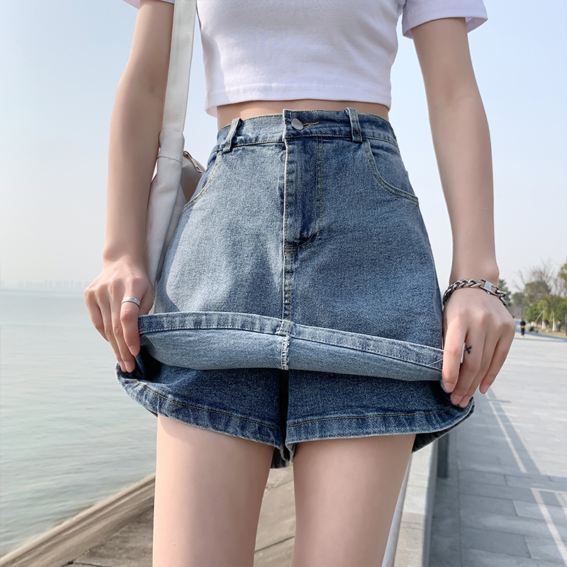 实拍弹力包臀牛仔洗水裙短裙裤裙假两件学院风裤裙女