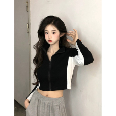 批发韩国外贸<b class='q'>韩版</b>纯欲风拼色立领短款外套女春季新款休闲<b class='q'>运动</b>洋气