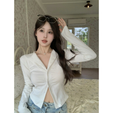 批发韩国外贸 纯欲风白色v领长袖正肩<b class='q'>T</b><b class='q'>恤</b>女春季辣妹<b class='q'>修身</b>短款打底衫