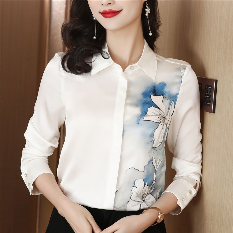 MY1459# 定位印花真丝衬衫女新款长袖宽松上衣复古气质桑蚕丝衬衣女裝貨源服裝批發