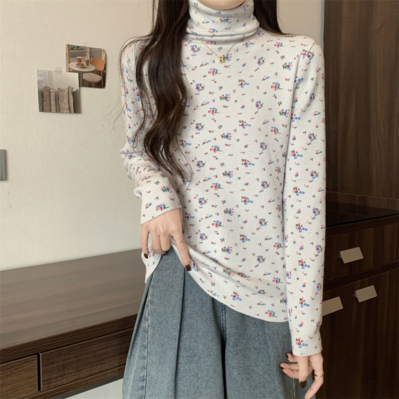 Actual shot of new casual floral design versatile high collar warm base outer top for women