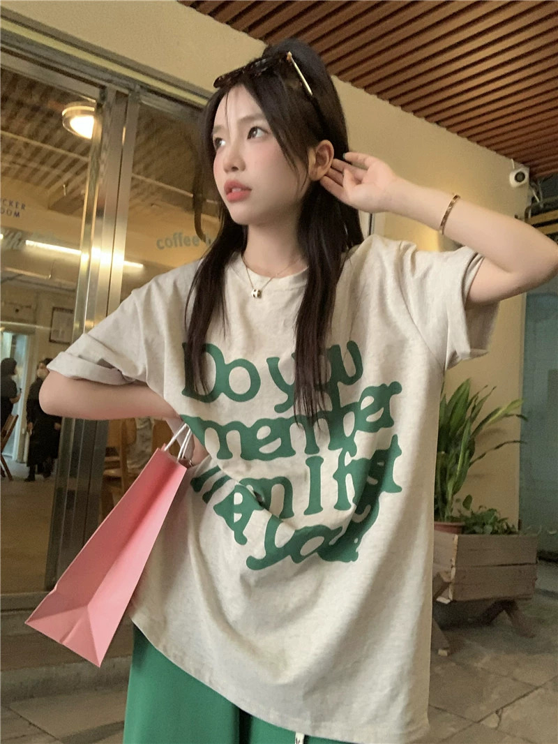 Official picture Korean version 2024 new ins trendy loose letter printed pure cotton mid-length loose short-sleeved T-shirt