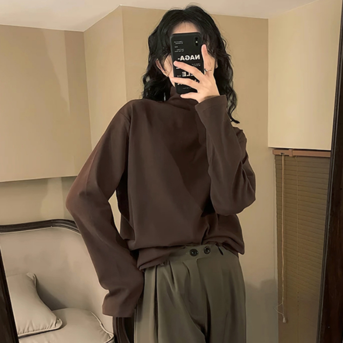 Solid color German velvet half turtleneck bottoming shirt for women 2024 autumn and winter new style long-sleeved warm cationic slim fit top