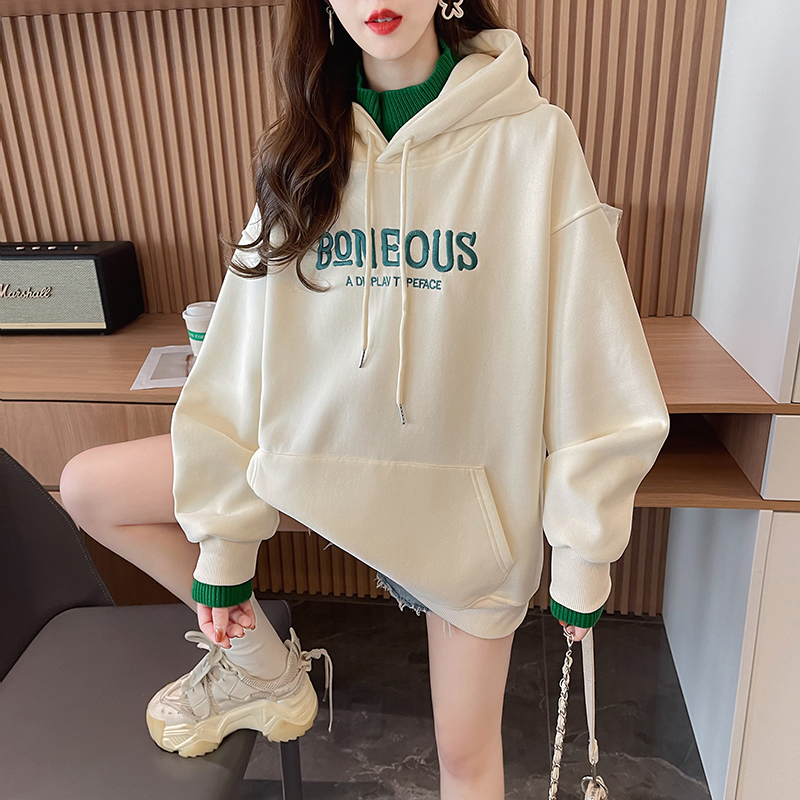 Real shot of Chinese cotton composite super plus velvet 400g sweatshirt for women autumn and winter embroidered hooded top large size women's 200 pounds