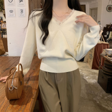 批发温柔风V领蕾<b class='q'>丝</b>针织衫毛衣女春秋季别致内搭打底衫小个子长袖上衣