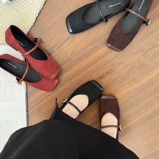 批发绒面方头拼接玛丽珍鞋一字带气质平底小单鞋