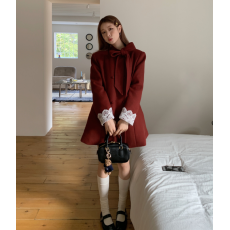 批发圣诞款小香风<b class='q'>蕾丝</b>拼接袖口夹棉毛呢外套蝴蝶结系带大衣女