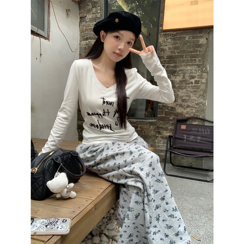 純棉華棉複合碎花抽繩休閒褲女秋冬加絨加厚寬鬆闊腿褲