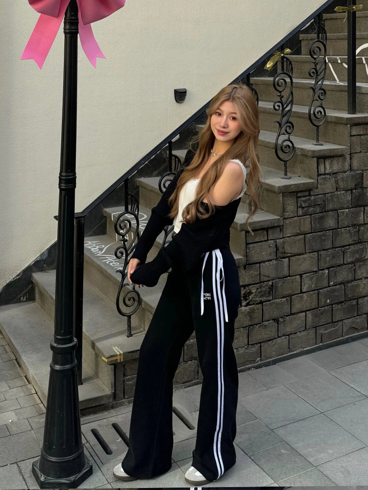 純棉華棉複合蝴蝶結綁帶休閒褲女秋冬側邊杆條黑色拖地褲