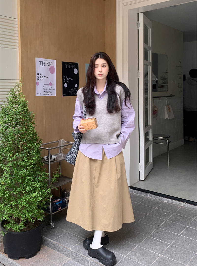 實拍早春韓疊穿設計感學院馬甲襯衣三件套