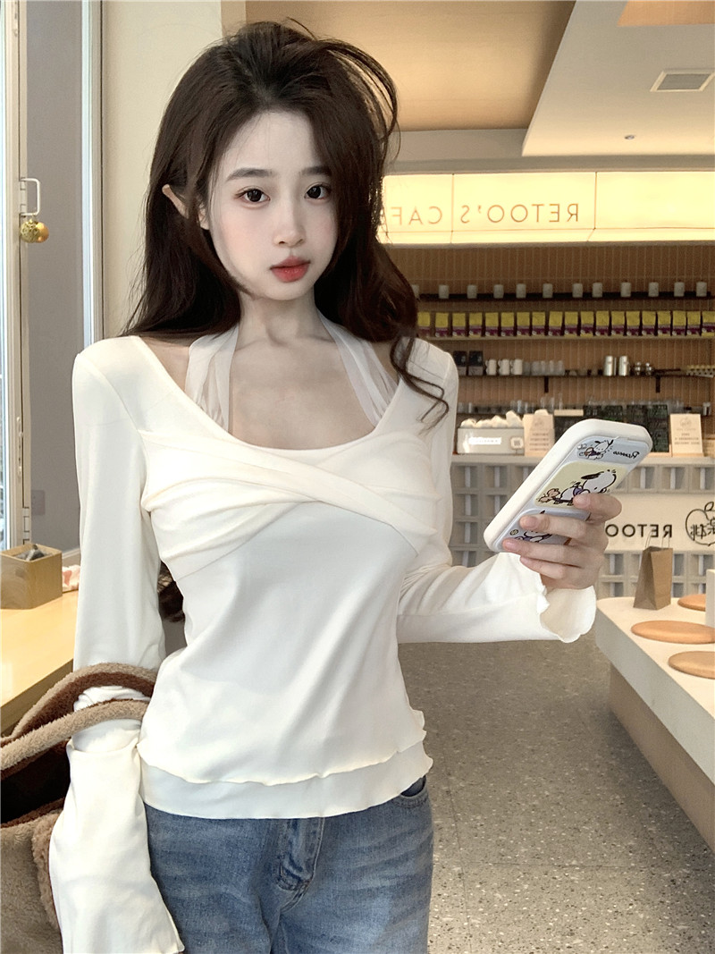 Real shot~Ballet style mesh halterneck T-shirt, pure desire, short bottoming shirt, chic and beautiful top