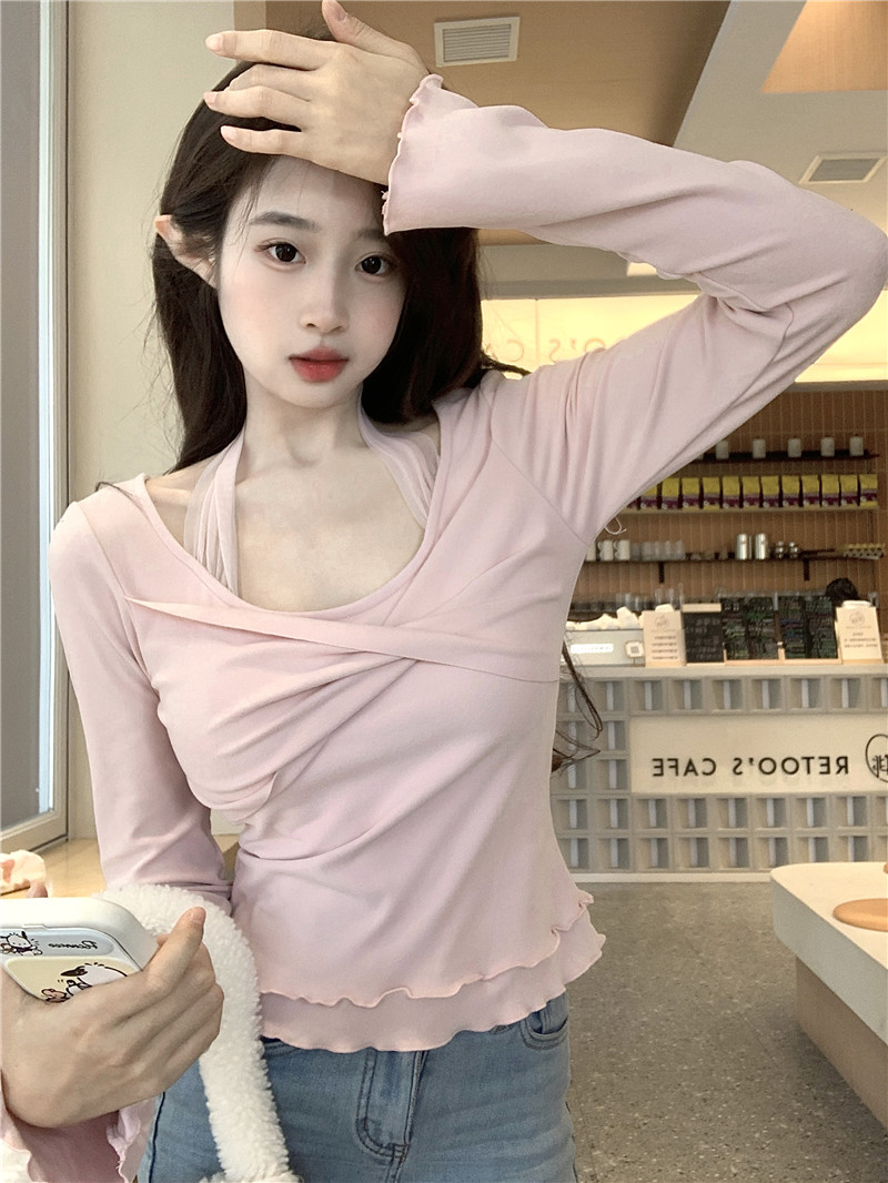 Real shot~Ballet style mesh halterneck T-shirt, pure desire, short bottoming shirt, chic and beautiful top