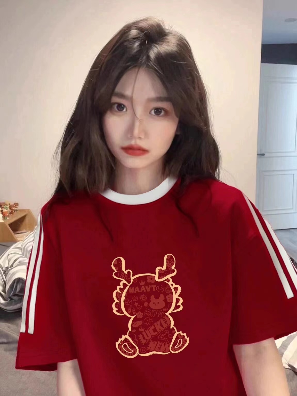 2024 spring and summer Korean version of the new 240g pure cotton short-sleeved women's round neck printed loose and versatile Year of the Dragon wine red T-shirt