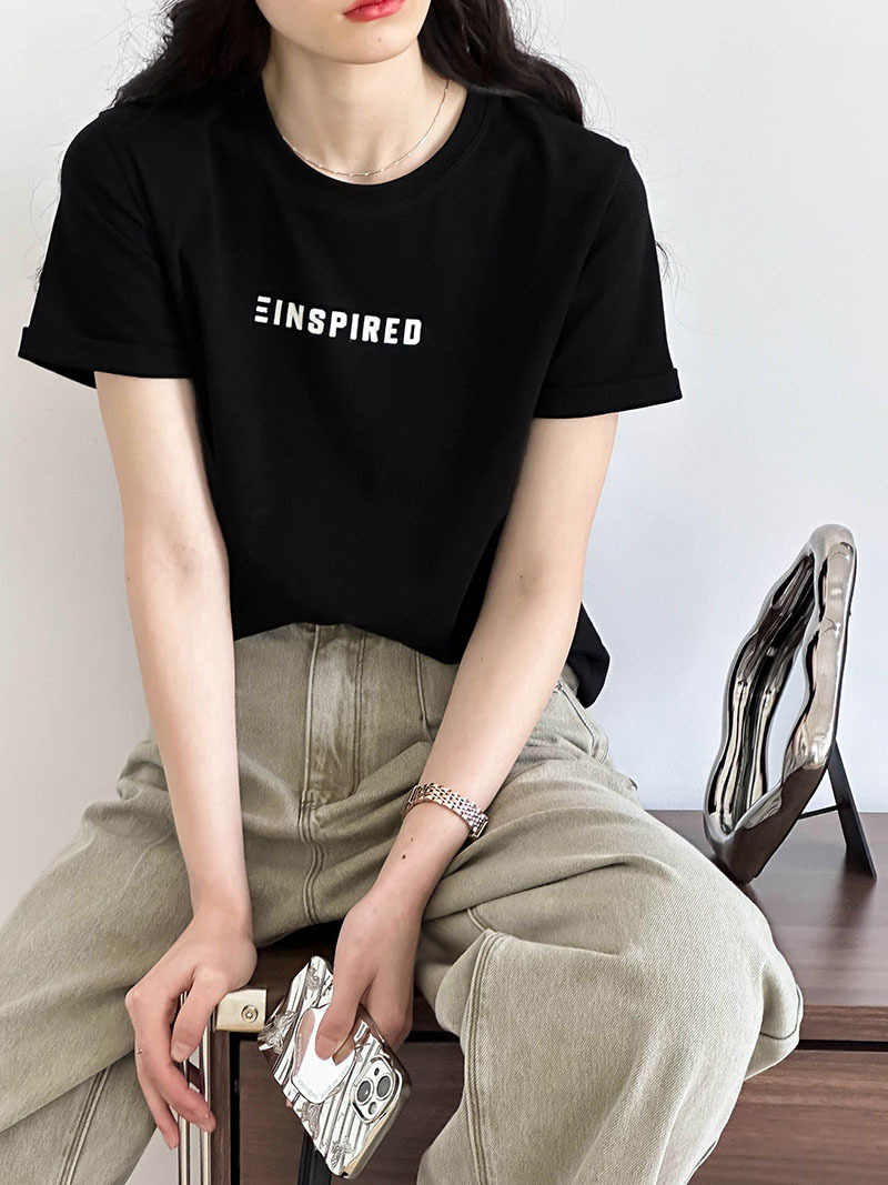 Actual shot ~ 2024 spring women’s model with good texture, Korean simple print, loose round neck, short-sleeved T-shirt