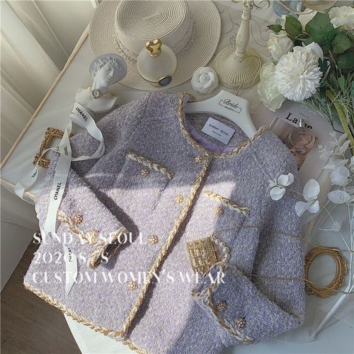 High-end high-end small fragrant smoked purple tweed cardigan jacket top for women 2024 autumn and winter short style petite