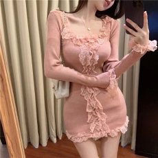 批发甜美蕾丝花边<b class='q'>连衣裙</b>女秋冬纯欲风修身显瘦抹胸打底包臀短裙