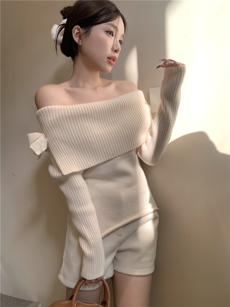 實拍~蝴蝶結不規則毛衣女新款秋冬羊絨一字肩上衣